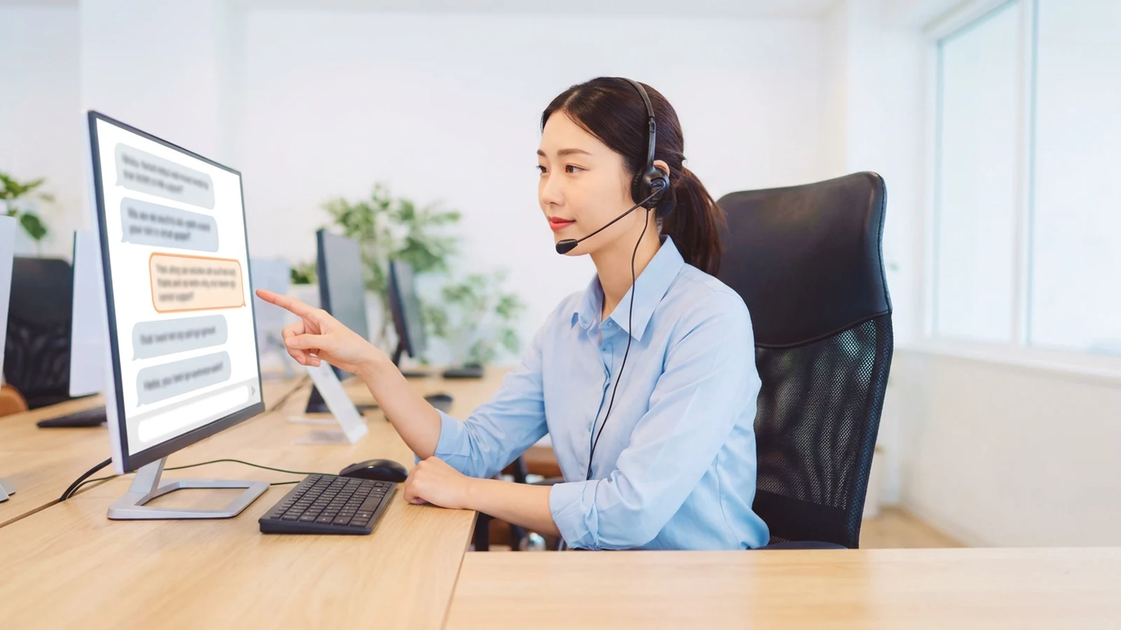 ヘッドセットを着けた担当者が、AIの回答のうち強調表示された箇所をモニター上で指さし、内容をレビューしている様子