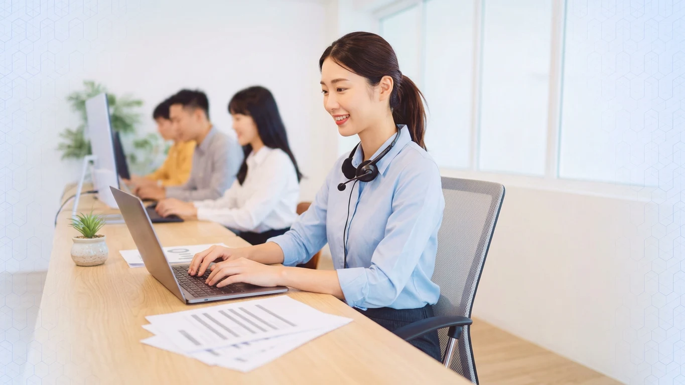 IT担当がいない小さなオフィスで、兼務の担当者がノートパソコンでAIチャットボットの回答を確認している様子