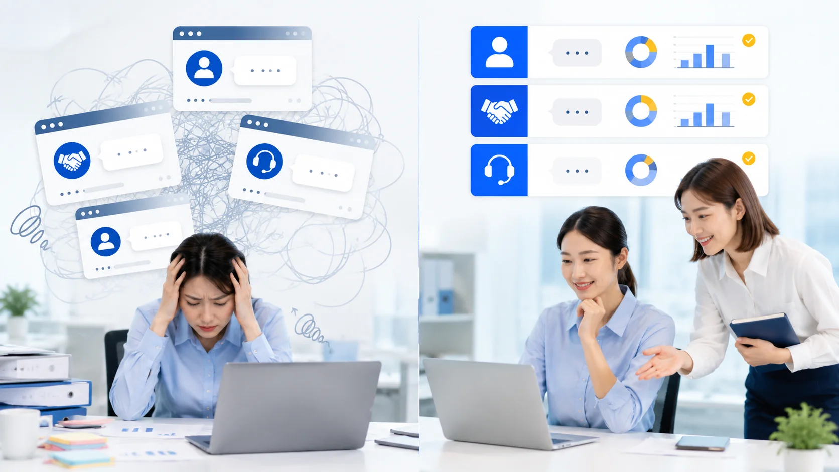 人事用・営業用・CS用の複数チャットボットを一人で抱えて混乱する担当者と、サポートを受けて整然と運用できている担当者の比較